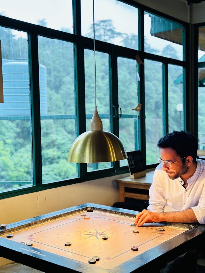 A man focuses on a carrom game in a cozy indoor setting, surrounded by nature views.